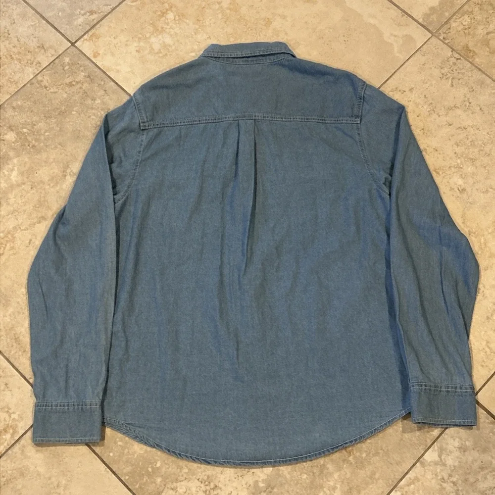 True Religion HS Chambray Long Sleeve Shirt Men M Blue Light Blissful Pearl Snap